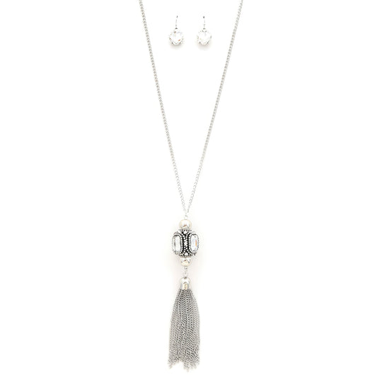 Cube Rhinestone Chain Tassel Necklace